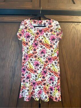 Land's End Floral Pink Yellow Short Sleeve Trumpet Ruffle Hem Dress Sz M NWOT